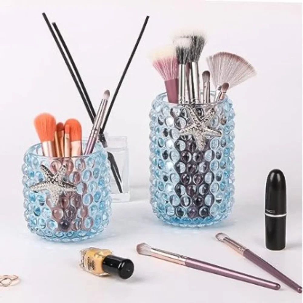 2 pc / 2 sizes - Glass Make-up Brush Organizer / Vases  (Blue w/ Starfish)